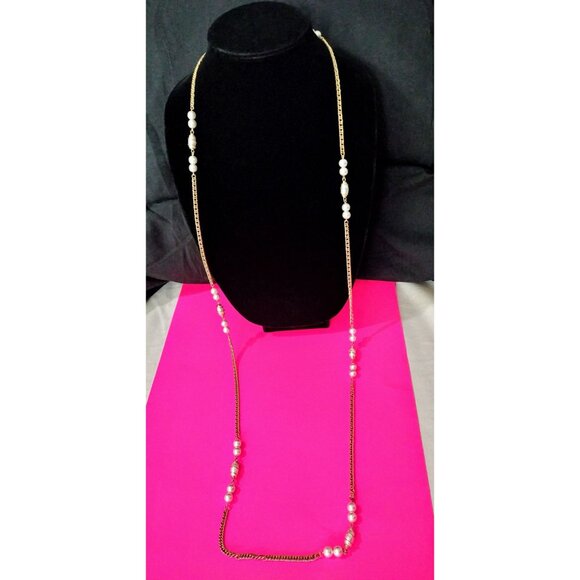 Sarah Coventry Vintage Gold Tone Chain Faux Pearl Pendant Long Necklace Jewelry - Picture 3 of 16